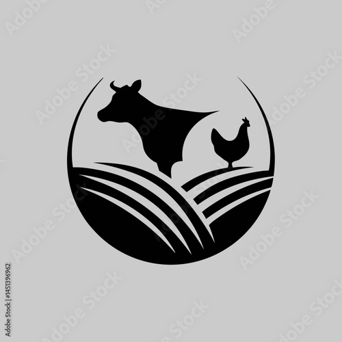Farm fresh logo featuring a cow and chicken silhouette in a circular design with stylized field background in black and