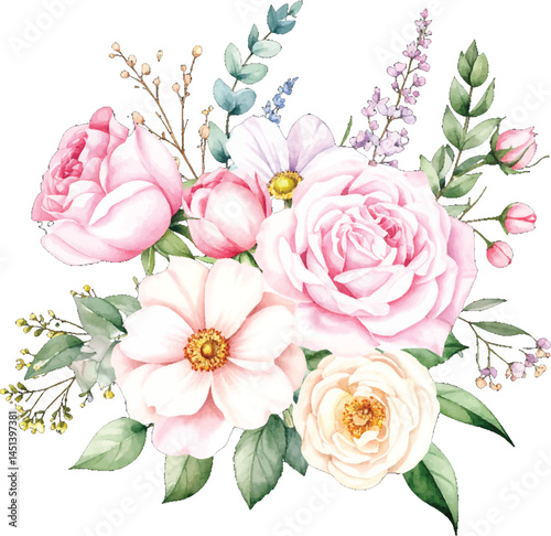 Soft pastel pink roses and yellow flowers in a delicate floral arrangement. Watercolor bouquet of pink peonies and soft blooms with green leaves. Elegant watercolor flower composition 