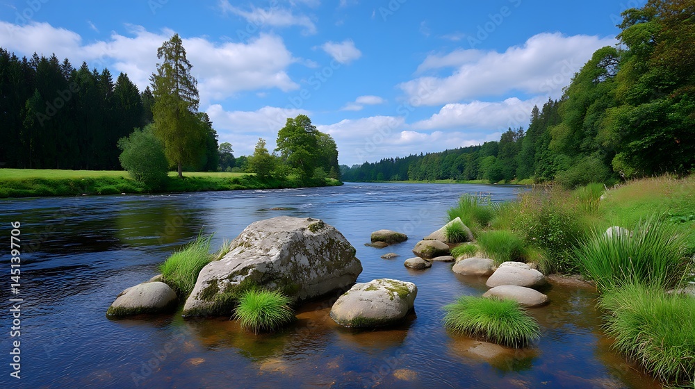 Naklejka premium Serene River Scene Calm Water Reflecting Lush Green Trees and Rocks