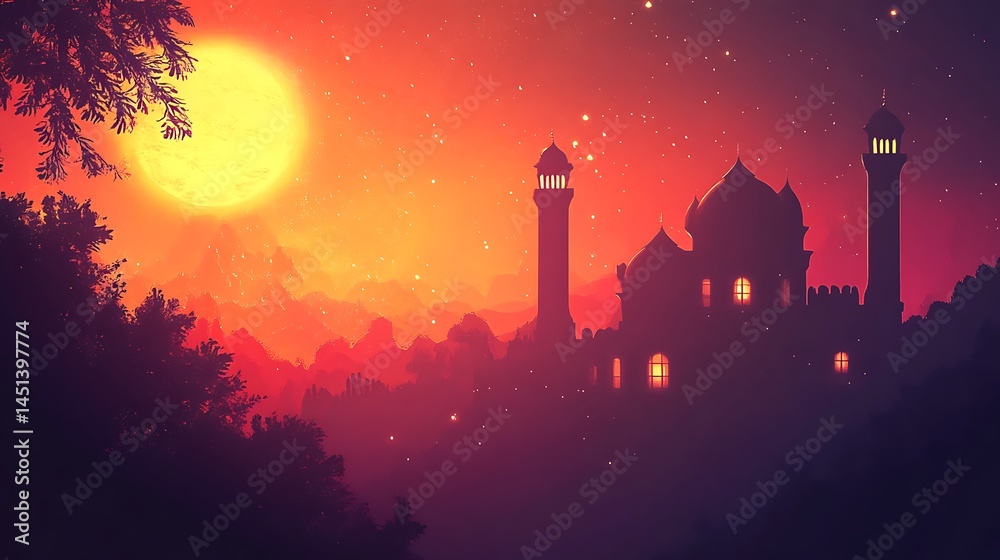 Naklejka premium Night Mosque Landscape Scene