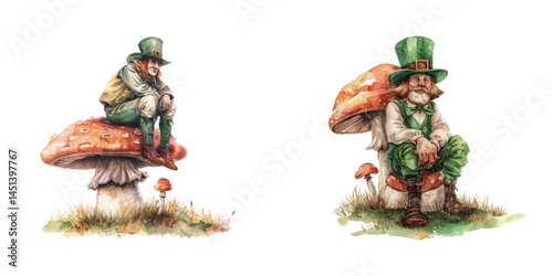 leprechaun sitting on mushroom watercolor vector illustration