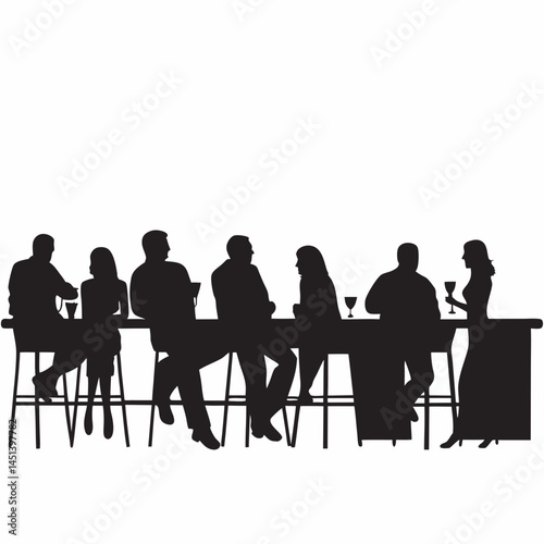 Silhouettes of friends enjoying drinks at a bar simple black and white graphic social gathering illustration vector art