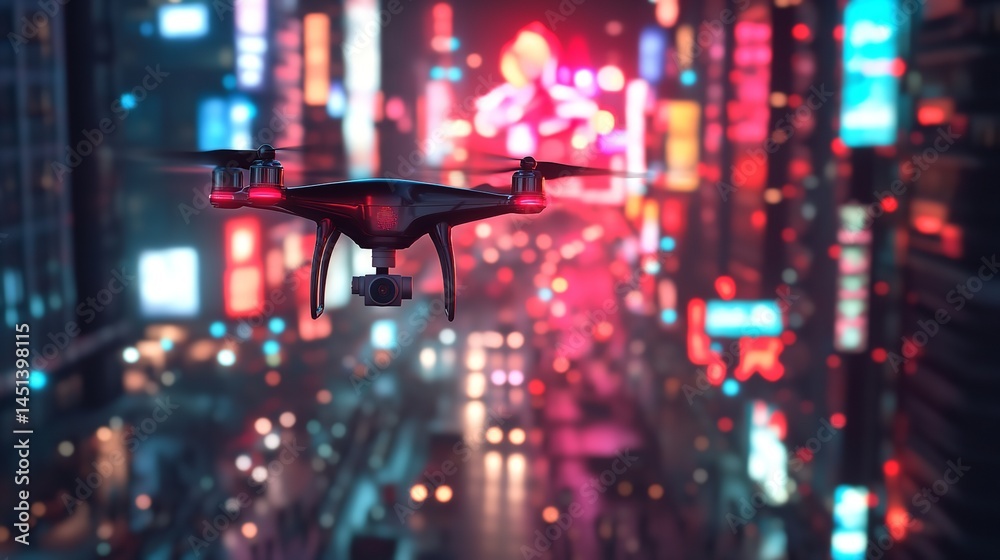 custom made wallpaper toronto digitalDrone flying over vibrant city at night capturing neon lights and cityscapes with soft focus bokeh