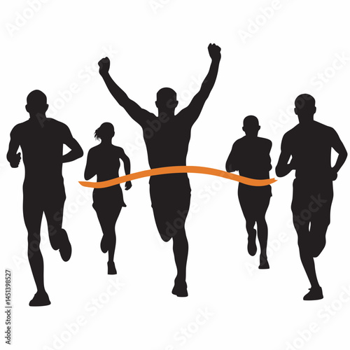 Triumphant runner crosses finish line arms raised in victory celebrating a hard fought race with fellow competitors in