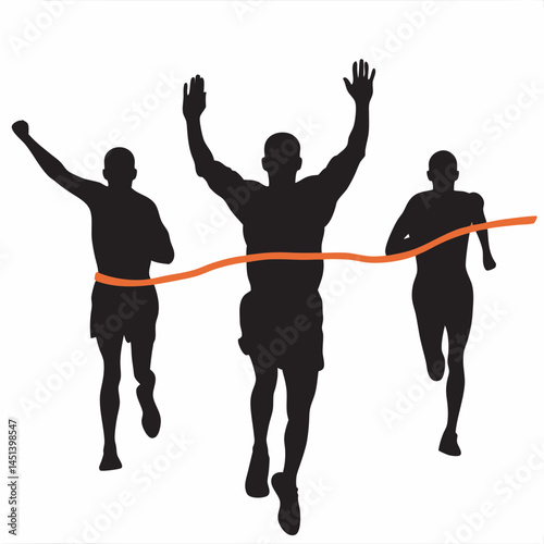 Thrilling race finish Three runners cross the finish line a triumphant victory moment captured in bold silhouettes