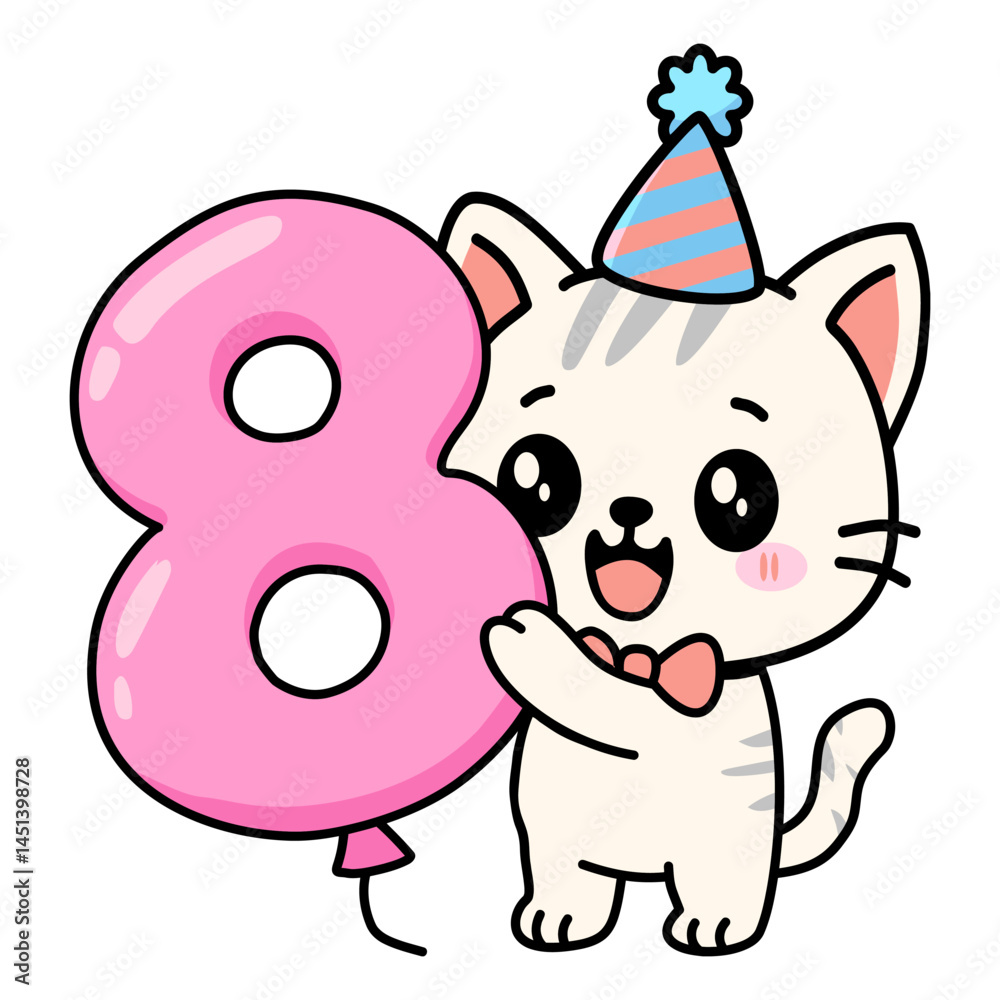 Obraz premium Cute Kawaii Cat Holding Number 8 Balloon - Adorable Cartoon Birthday Kitten Illustration with Party Hat
