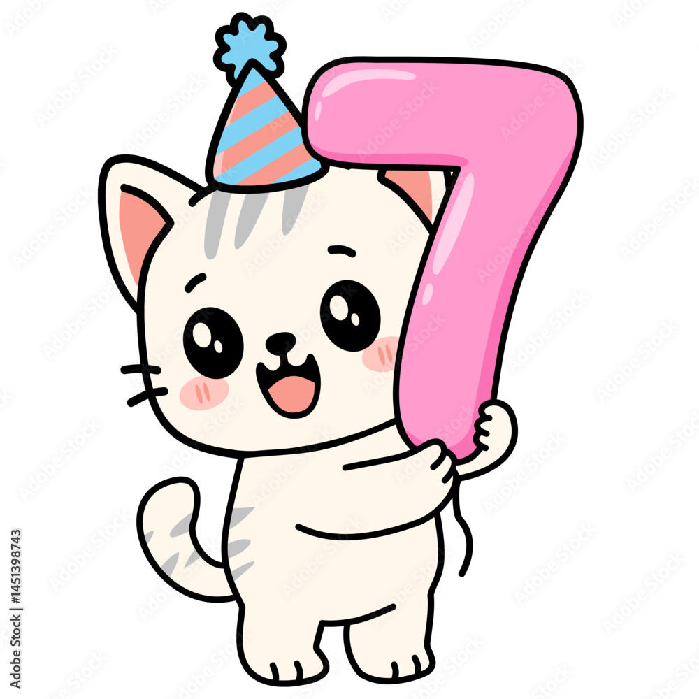 Fototapeta premium Cute Kawaii Cat Holding Number 7 Balloon - Adorable Cartoon Birthday Kitten Illustration with Party Hat