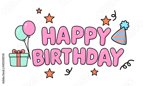 Photography Cute Happy Birthday Text with Balloons, Gift Box, and Party Elements - Colorful