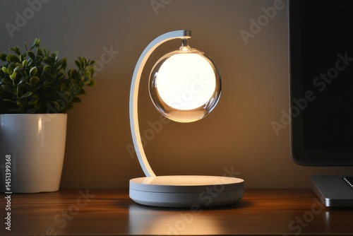 A sleek desk lamp with a magnetic levitating orb gently hovering above its illuminated base transparent background