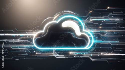 Abstract representation of cloud computing with flowing data streams, symbolizing digital storage, internet networks, big data, and modern information technology systems.