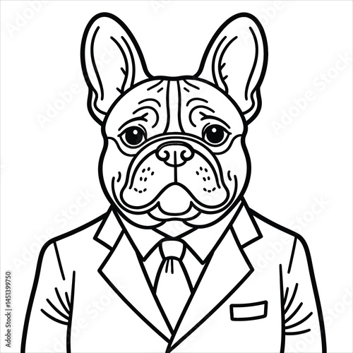 Bulldog in a suit looks dignified. Vector illustration for coloring book