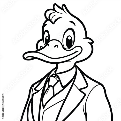 Dapper cartoon duck wearing a suit. Vector illustration for coloring book