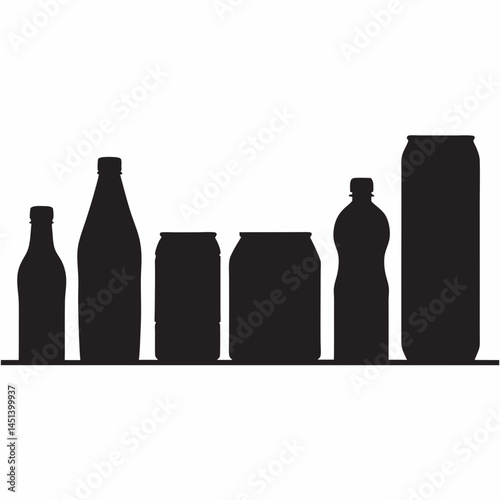 Beverage Packaging Silhouettes Bottles and Cans in Black and White on White Background Minimalist Design