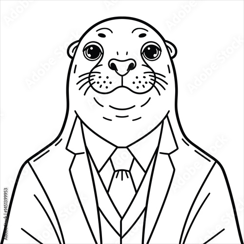 Dapper seal sports sharp suit. Vector illustration for coloring book