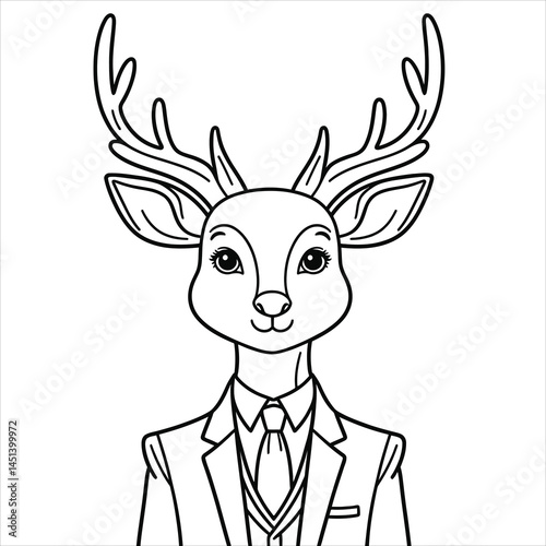 Deer in suit cartoon anthropomorphic illustration. Vector illustration for coloring book