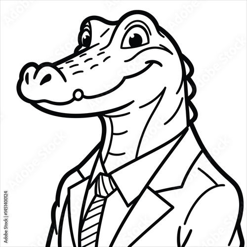 Sophisticated reptilian businessman in sharp attire. Vector illustration for coloring book