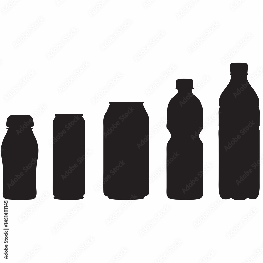 Black silhouettes of various beverage containers bottle can jar showing different sizes and shapes against a white Black silhouettes of various beverage containers bottle can jar showing different sizes and shapes against a white