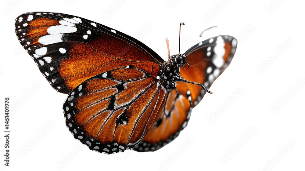 Obraz premium Elegant Monarch's Wing: A captivating view of a monarch butterfly's intricate wings unfolds. The intricate details of its patterns and colors. The butterfly is a symbol of transformation.