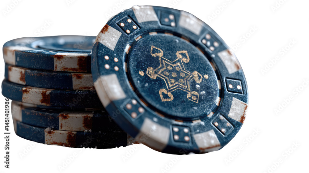Naklejka premium Casino Chip Stack: A detailed studio shot showcases a stack of vintage casino chips, with a focus on intricate design, each chip bearing marks of time.