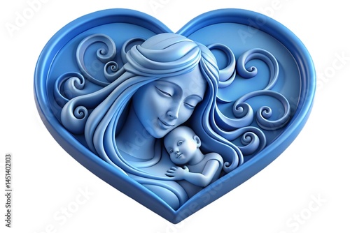 Tender blue heart depicting a loving mother and child for Mother's Day Heartfelt artistic representation of motherhood with a mother embracing her baby Gentle and serene image of a mother and child 