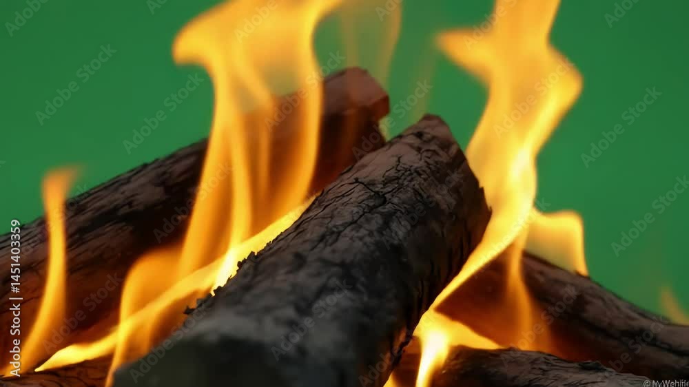 Close up footage of burning firewood flames against green screen background