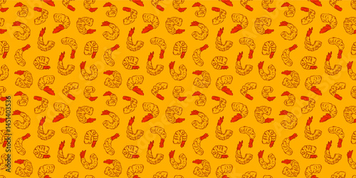 Tempura Shrimp Pattern background. Fried Shrimp doodle illustration Background. Seafood Pattern Design. Crunchy Tempura Pattern.
