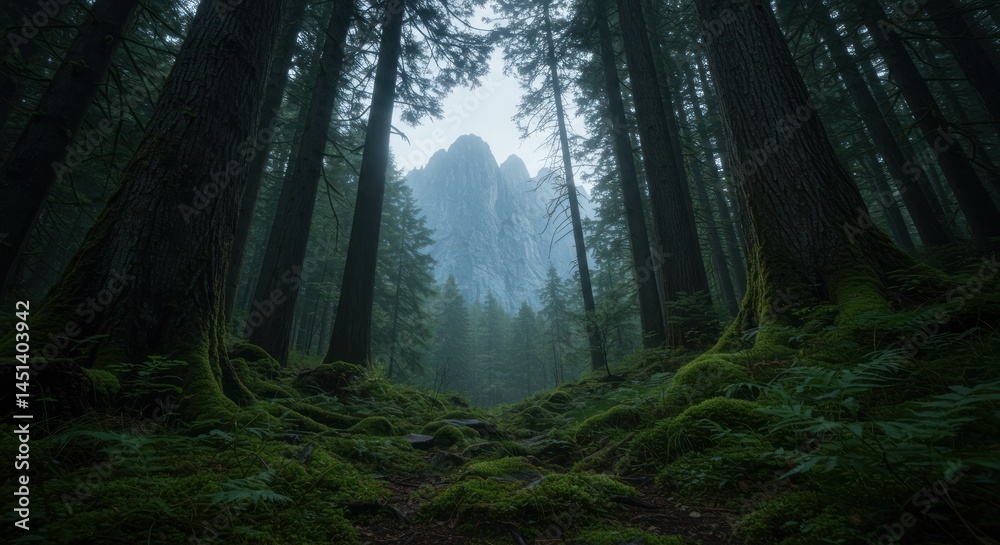 Fototapeta premium Forest Path Leads to Mountain, Photo