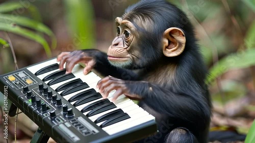 Chimpanzee playing synthesizer in jungle