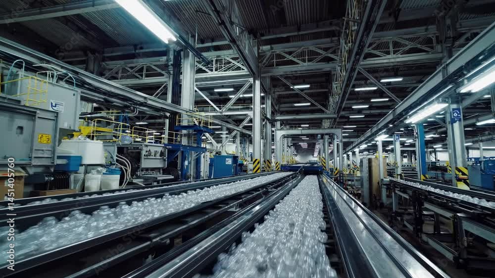 A modern factory with a conveyor belt moving plastic bottles. Industrial setting with bottles, machinery, and factory equipment. Efficient factory production line. A modern factory with a conveyor belt moving plastic bottles. Industrial setting with bottles, machinery, and factory equipment. Efficient factory production line.