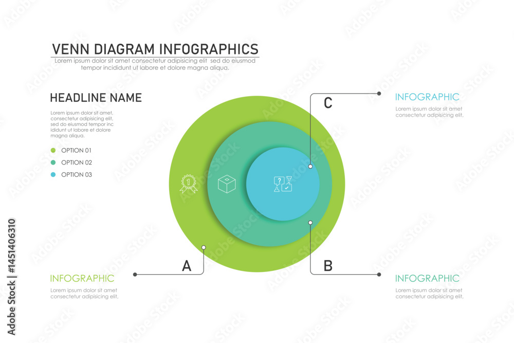 Venn diagram infographic chart template for business 3 parts, options, presentation with venn diagram elements vector illustration.