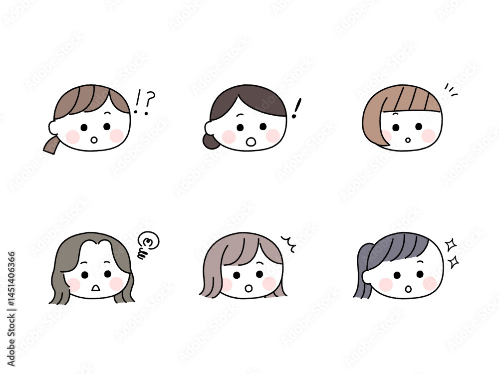 Fototapeta premium ゆるかわいい手描き風の顔セット／驚く女性
