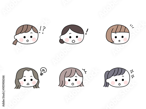 ゆるかわいい手描き風の顔セット／驚く女性