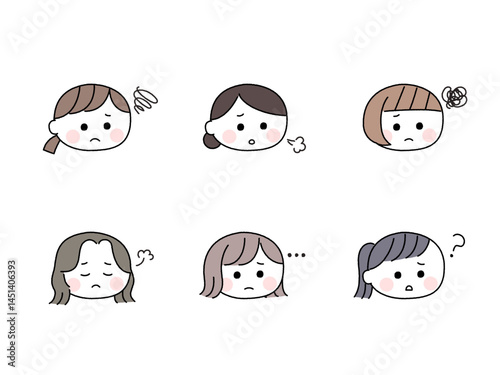 ゆるかわいい手描き風の顔セット／悩む女性