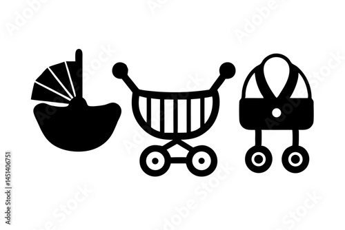 Baby Stroller Car Seat Diaper Bag Icons Black Silhouette Illustration