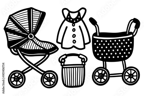 Black and White Illustration of Baby Stroller Accessories and Baby Clothes