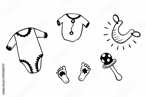Cute Hand Drawn Baby Clothes and Toys Illustration Set