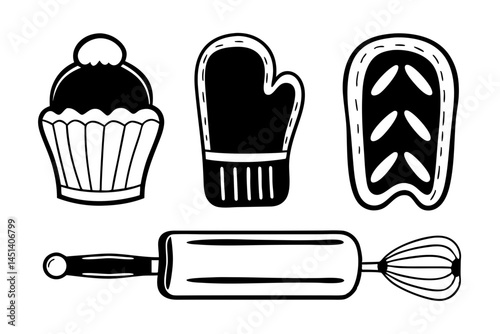 Black and White Illustration of Baking Utensils and a Cupcake