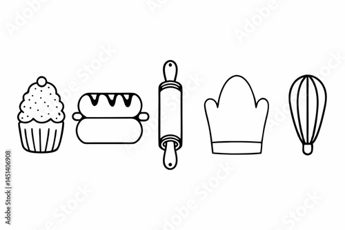 Simple Line Drawings of Baking and Cooking Icons Cupcake Hot Dog Rolling Pin Chef Hat Whisk