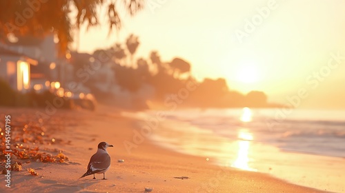 Serene Seascape Sunrise: A Lone Seagull on a Sandy Beach