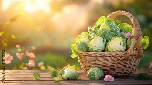 Rustic wicker basket brimming with fresh Savoy cabbages on a wooden table under the warm golden light of sunset