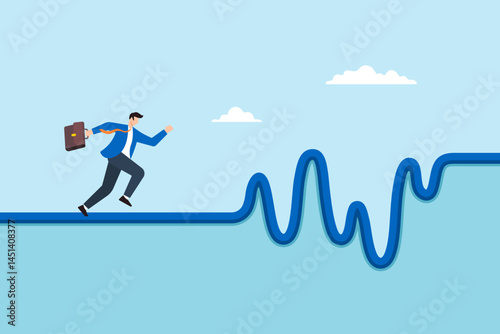 Flat illustration of businessman running on winding unstable path symbolizing career challenges uncertainty and persistence through ups and downs