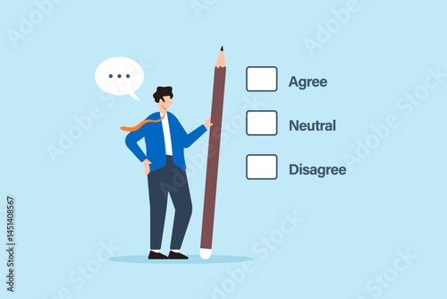 Flat illustration of businessman with giant pencil selecting option from checklist for decision making approval feedback and survey answer response