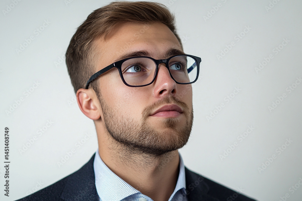 Close-up of a man wearing glasses on a white background, a man wearing glasses looks up Close-up of a man wearing glasses on a white background, a man wearing glasses looks up