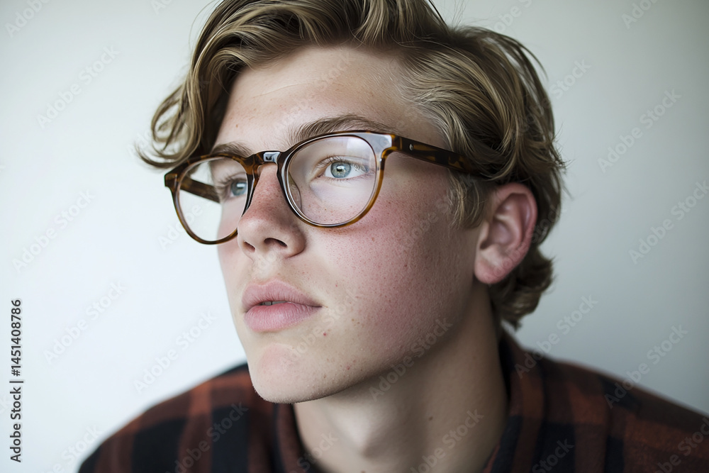 Close-up of a man wearing glasses on a white background, a man wearing glasses looks up Close-up of a man wearing glasses on a white background, a man wearing glasses looks up