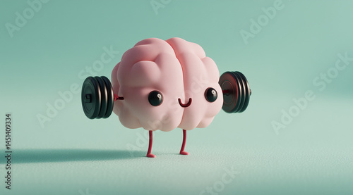 A cute 3D illustration of a smiling brain character lifting dumbbells. This playful design symbolizes brain exercise, fitness, and mental strength, perfect for promoting wellness, motivation, and brai