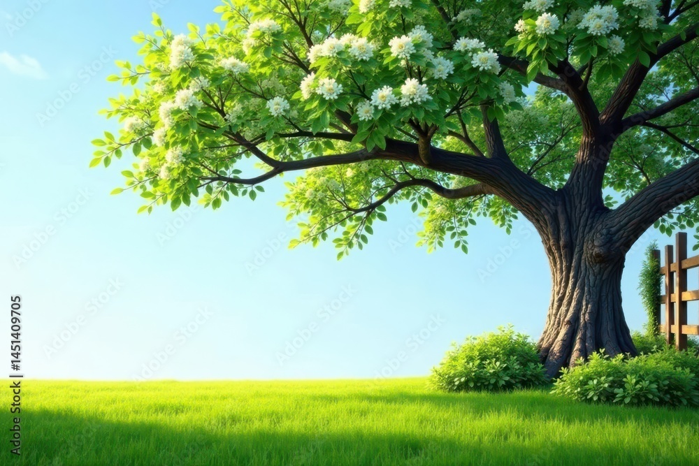 Serene Springtime Landscape Featuring a Majestic Blossoming Tree and Lush Green Grass Serene Springtime Landscape Featuring a Majestic Blossoming Tree and Lush Green Grass