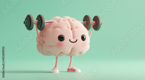 A cute 3D illustration of a smiling brain character lifting dumbbells. This playful design symbolizes brain exercise, fitness, and mental strength, perfect for promoting wellness, motivation, and brai