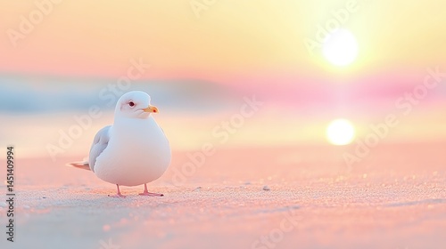 Solitary Seagull on Pink Sand Beach at Sunset