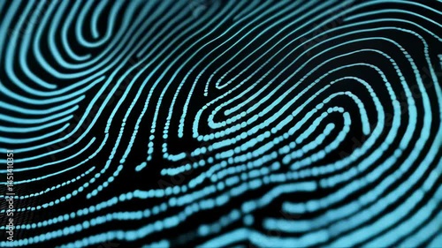 Detailed rendering of a digital fingerprint biometric scan for security identification and authentication system concept in shades of blue and black.