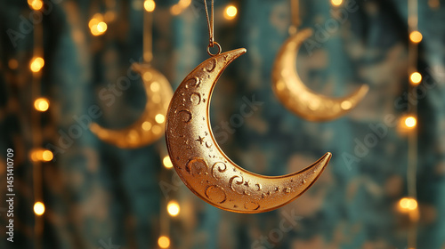 golden crescent moon ornaments hanging, lights in background, festive setting, Ai generated images